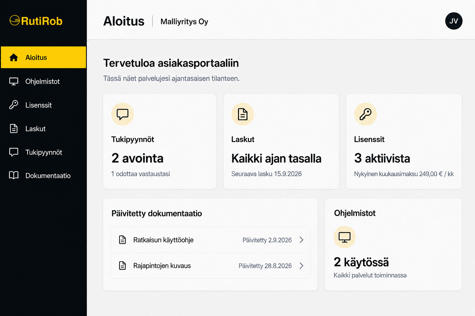 Rutirobin asiakasportaalin työpöytänäkymä: vasemmalla navigaatio ja oikealla yhteenveto tukipyynnöistä, laskuista, lisensseistä ja päivitetystä dokumentaatiosta.