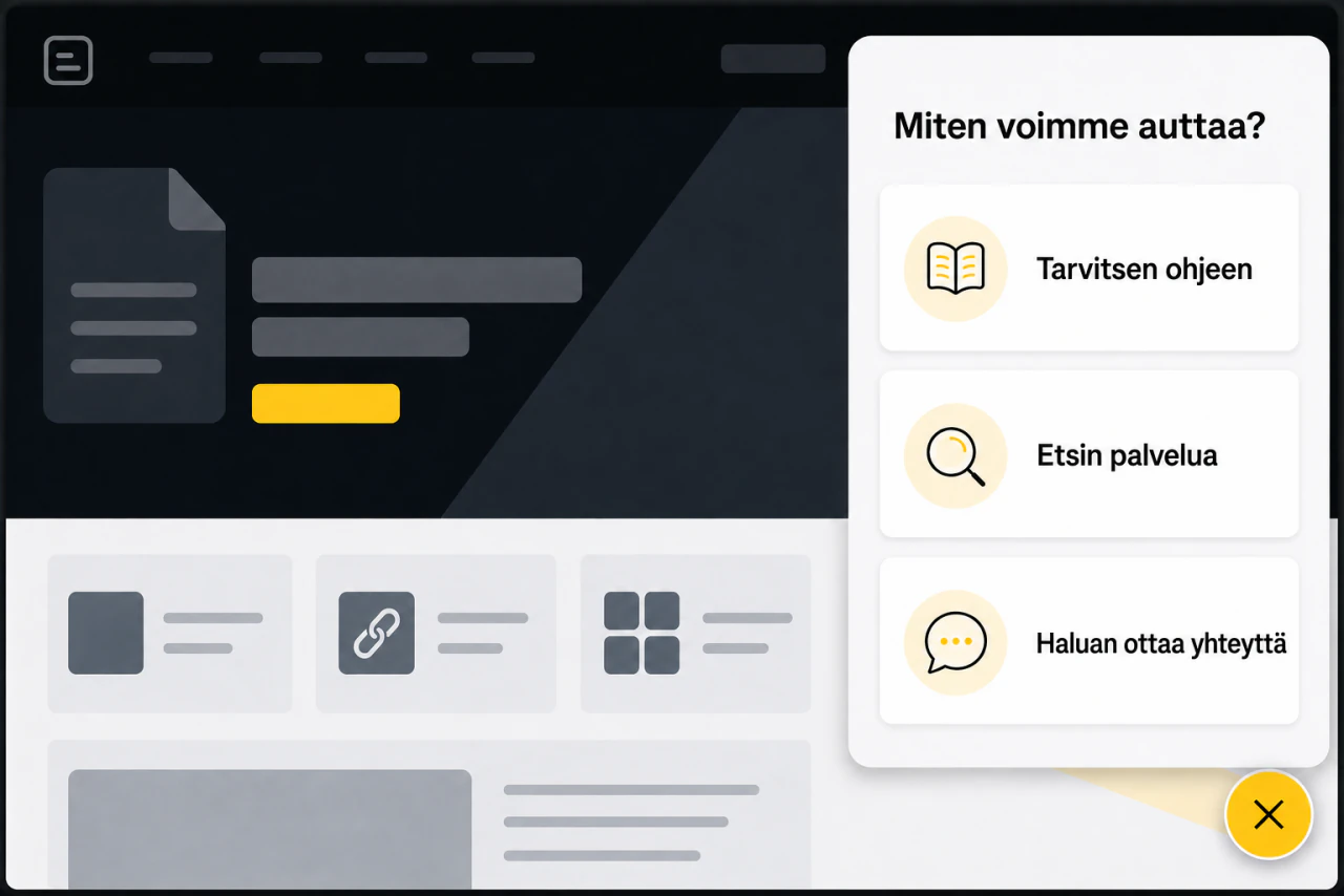 Anonymisoidun verkkosivun päälle avautuu kelluvasta painikkeesta valintakortteja, joiden avulla kävijä etenee oikeaan ohjeeseen, palveluun tai yhteydenottotapaan.
